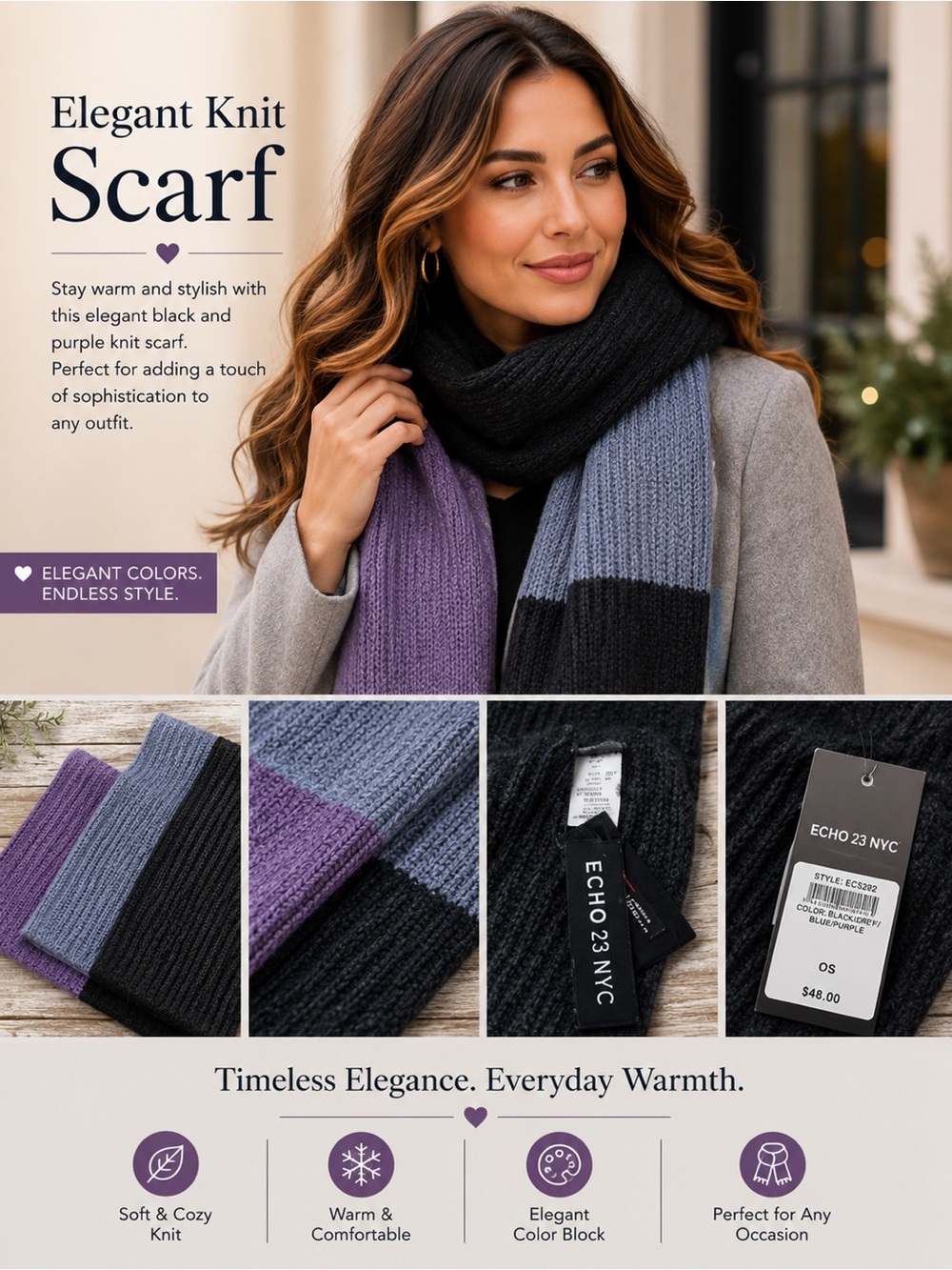 Elegant Black, Grey, Blue and Purple Knit‎ Scarf NEW